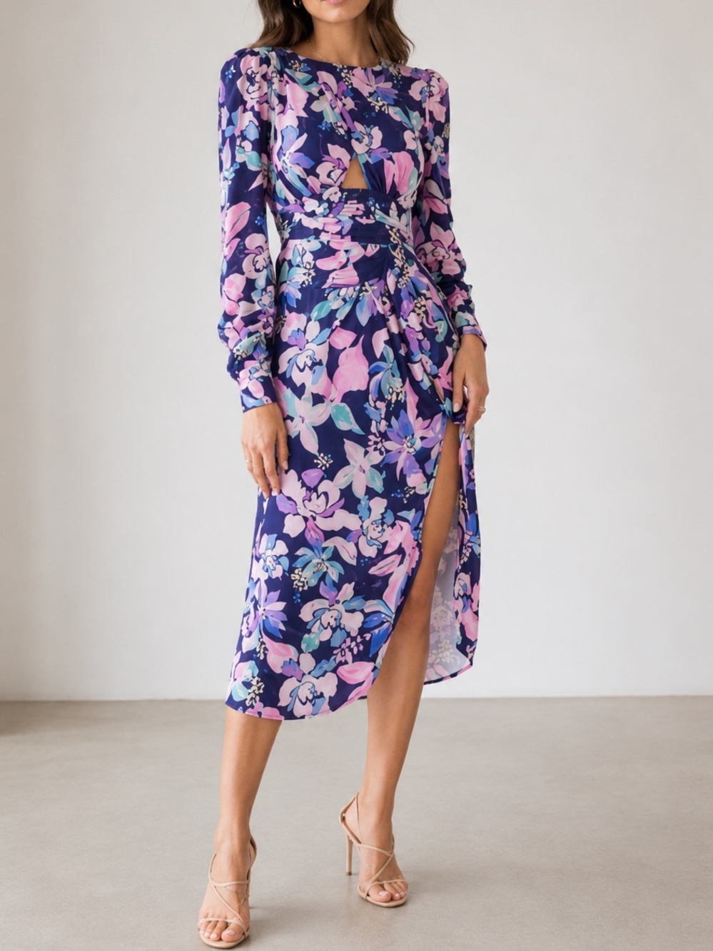 For love & Lemons Victoria Floral Cut Out Long Sleeve Midi Dress in Navy